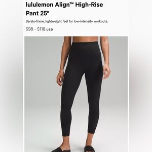 Lululemon Align HR Pants 25in length, bag included